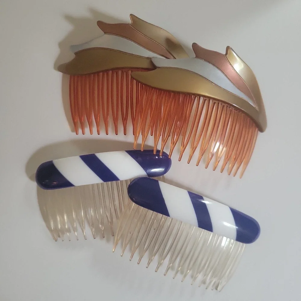 Vintage Made in USA Hair Side Combs Set of 2 Gold Silver Blue White Striped‎